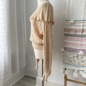 Crazy In Love Beige Linen Blend Off-The Shoulder Ruffle Sweater M thumbnail 5