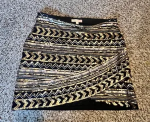 GB Womens‎ Black Gold Silver Sequin Geometric Chevron Wrap Mini Skirt Medium thumbnail 1