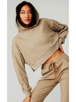 Alo Muse Hoodie Gravel Heather Tan Ribbed Stretchy Sweatshirt Sweater Pullover L thumbnail 6