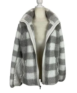 Abercrombie Sherpa Check Fleece Plaid Full Zip Jacket Coat Gray and White Size Medium thumbnail 13