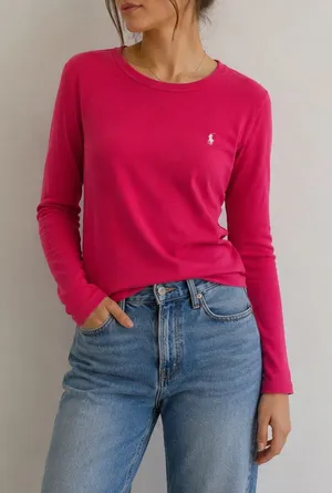 Ralph Lauren Pink Women’s Long Sleeve Shirt Size Large Cotton Knit Top Luxury thumbnail 1