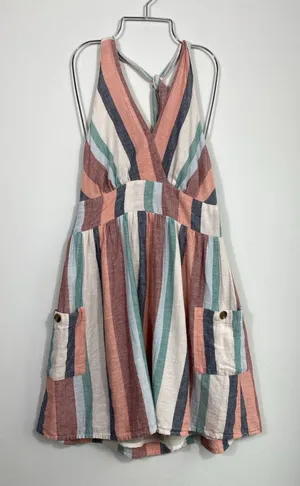 American Eagle Striped Halter Mini Dress Smocked Back Pockets M thumbnail 1