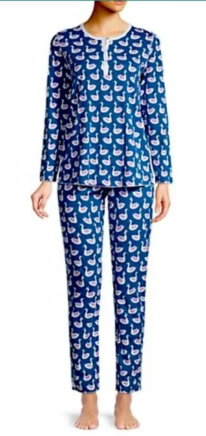 Roller Rabbit Swan Print Pajama Set Size‎ XS Pima Cotton Navy Blue thumbnail 1