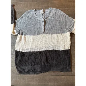 American Eagle Women's color-block gray white black waffle-knit henley sweater S thumbnail 3