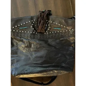Brown leather BOHO Southwest fringe bag purse studded Turquoise Accent Aztec thumbnail 7
