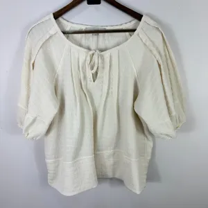 LOFT Peasant Top M Ivory Textured Tie Neck Blouse Boho‎ Minimalist Coastal Chic thumbnail 1