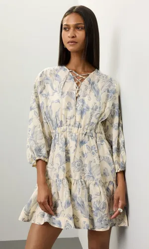 SANDRO Off White Floral Lace Up Neck Tie Mini Josella Dress Size Small thumbnail 1