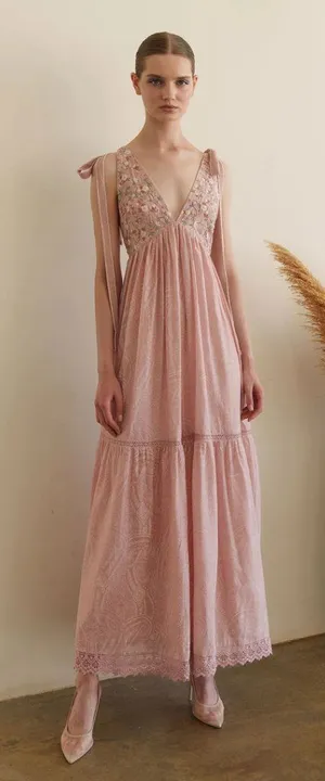 ANTHROPOLOGIE Pinnacle By Shruti Sancheti Paisley Tiered Maxi Dress Pink Large thumbnail 1