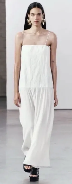 Zara ZW Collection Drop Waist MIDI Dress Oyster White Square Neck Minimalist XL thumbnail 1