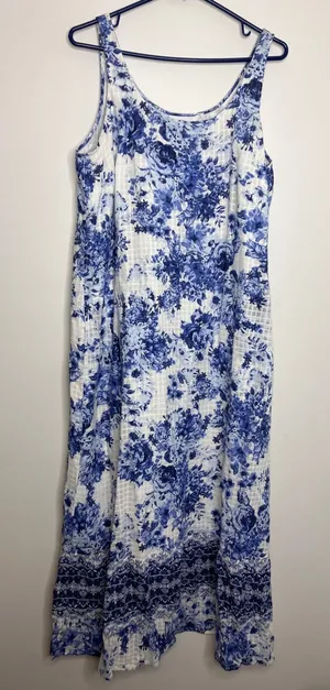 J. Jill Maxi Dress Womens M Blue Floral Cotton Sleeveless Pockets Excellent thumbnail 1