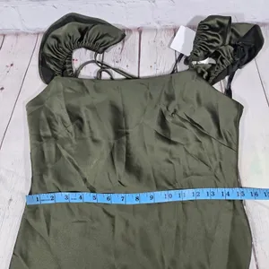 Social Bridesmaids Olive Green Satin Ruffle Flutter‎ Sleeve Maxi Dress XS 8219 thumbnail 11
