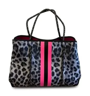 Haute Shore Grey Black Animal Print Neoprene Tote Pink Stripe Shoulder Bag thumbnail 1