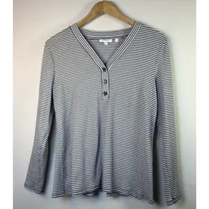 Chico's 2 Womens Large dark Navy Blue Stripe Ribbed Henley shirt cottagecore thumbnail 2