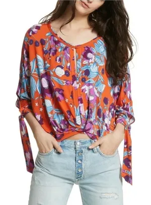 Free People Keepin' On floral slouchy top in orange and purple M thumbnail 1