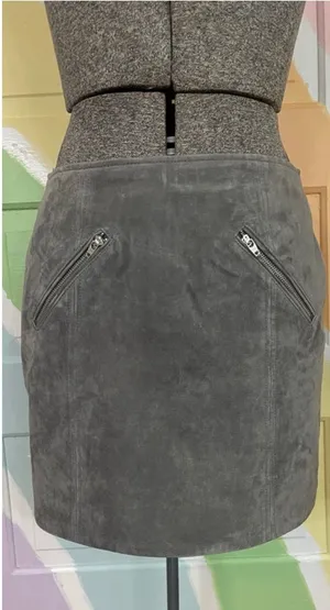 BLANKNYC Suede Leather A-Line Mini Skirt Fog Gray Moto Zip Pockets Sz 26 💚🎀 thumbnail 1