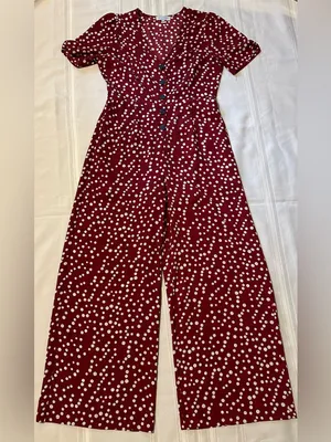 Hayden Los Angeles V-Neck Burgundy Polka Dot Button-Front Jumpsuit thumbnail 4
