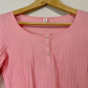 BP. Women’s Scoop Neck Waffle Knit Cropped Henley Long Sleeve Pink Candy NWT thumbnail 2