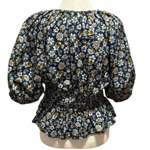NEW Old Navy Size S Smocked Puffed Sleeve Blouse Top Blue Floral V Neck thumbnail 2