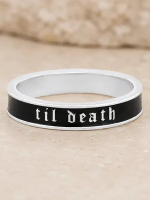 TIL DEATH Silver Black Band Ring Size 7 Stackable Promise Wedding Ring NWT thumbnail 3