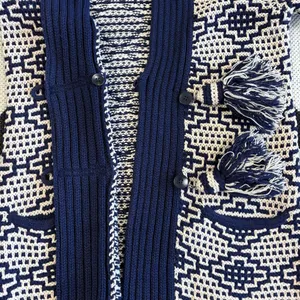 Anthropologie Fiets Voor2 Wool Blend Hooded Tassel Cardigan Sweater in Navy Beige Medium thumbnail 11
