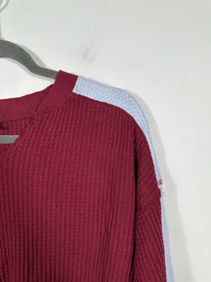 Offline by Aerie Waffle Knit Top XS Red‎ V-Neck Long Sleeve Colorblock Oversized thumbnail 6