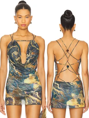Jaded London revolve going out strappy black printed plunge dress size US 10 NWT thumbnail 2