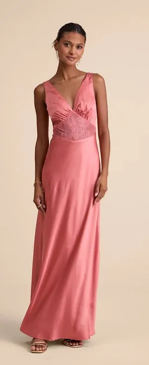 Lulu's Satin Maxi Dress in Rose Pink with Lace Waist thumbnail 1