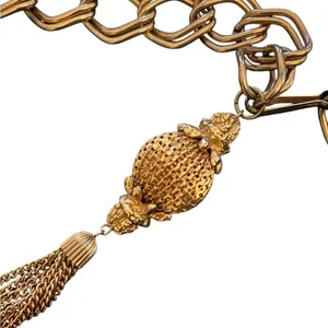 VTG Brass Victorian Double Link Chain Belt Tassel Charm Pendant 35” Charm 6” thumbnail 3