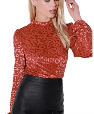 Lulu's -1722 Born To Be Wild Rust Red Leopard Print Velvet‎ Mesh Bodysuit Medium thumbnail 1