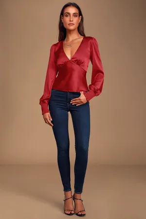 NWT Lulus Head Held High Wine Red Satin Date Party Romantic Top Size Medium thumbnail 2