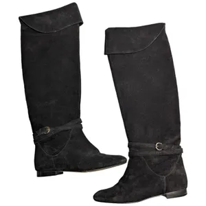 Bettye Muller Anthropologie Black Suede Fold Top Over the Knee Flat Boots 37.5 7 thumbnail 1