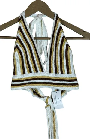 NWT Windsor Halter Striped Crochet Crop Top Ivory Brown Boho Festival Size L thumbnail 1