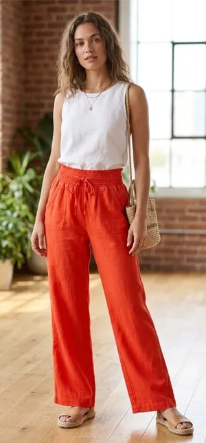 Ci Sono Womens Orange Pants Size M Linen Blend‎ Smocked Waist Wide Leg Coastal thumbnail 1
