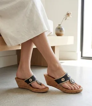 Jack Rogers Marbella navy blue leather cork wedge thong flip flop sandal size 8 thumbnail 1