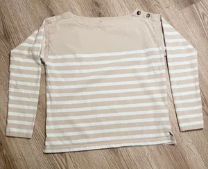 J.Crew Striped Boatneck Top Beige‎ White Long Sleeve Button Shoulder Small thumbnail 1