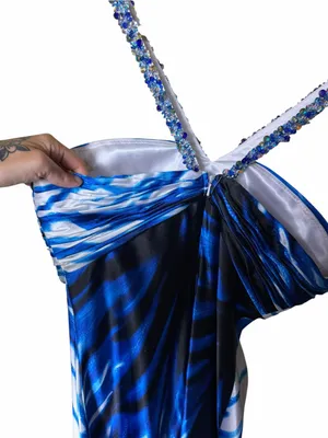 Cache Y2K Rhinestone Halter Blue Abstract Maxi Homecoming/ Prom Dress Size 10 thumbnail 9