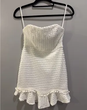 Aiyana Strapless Geometric Detail Overlay Flounce Hem Mini Dress White thumbnail 6