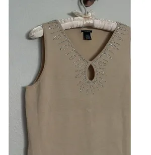 Vintage Silk Keyhole Stretch Knit Rhinestone Y2K Tank Top Beige Silver Boho Chic thumbnail 2