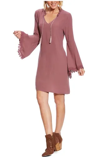 NWT Ariat Boho Western mauve dress keyhole neckline crochet detail bell sleeve & tassel large thumbnail 1