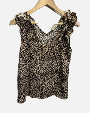 Entro Tank Top Womens Small Brown Leopard Ruffle V-Neck Sleeveless Blouse Animal thumbnail 1