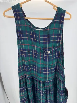 S.Roberts Green and Navy Plaid jumper Midi Dress drop pockets school girl vtg M thumbnail 3