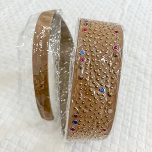 Source Unknown NEW Wide Vegan Leather Belt with Colorful and Metallic Studs Tan Khaki thumbnail 2