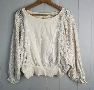 Free People XS Cream Faff and Fringe Pullover Crochet Sleeve Boho Top thumbnail 1