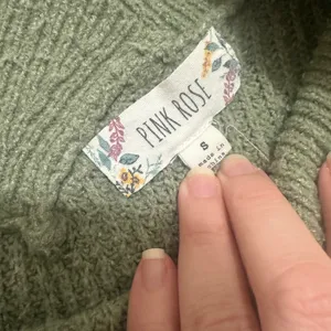 PINK ROSE | Sage Green V Neck‎ Textured Knit Long Sleeve Off Shoulder Sweater, S thumbnail 3