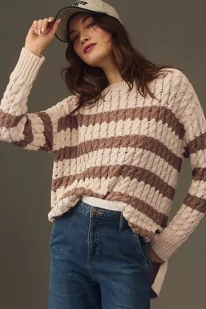 Pilcro by Anthropologie Womens Sweater Longline Ivory Beige Stripe Size XL thumbnail 1