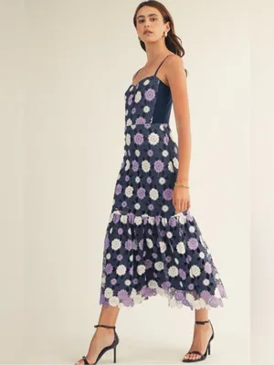 Just Me Navy Floral Crochet Midi Dress with Lavender and Cream Accents Navy Floral Croch thumbnail 4