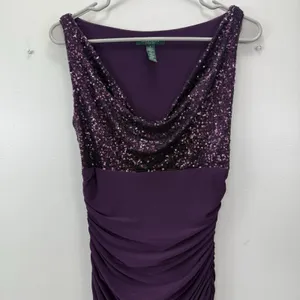 Ralph Lauren Purple Sequin Cowl Ruched Sleeveless Stretch Maxi Gown Dress Size 4 thumbnail 3