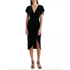 Lauren Ralph Lauren Velvet Flutter Sleeve Cocktail Midi Dress Green US 16 NWT thumbnail 6