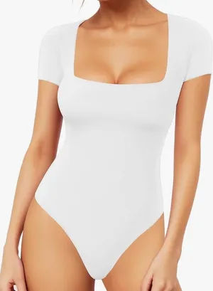 $39 NWOT Mobeso Women's Square Neck Short Sleeve Double-Lined BodySuit L thumbnail 1