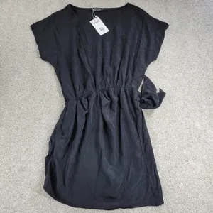 Yoins Womens Wrap Dress Large Black Tie Crewneck Short Sleeve Ruched Mini NEW thumbnail 7